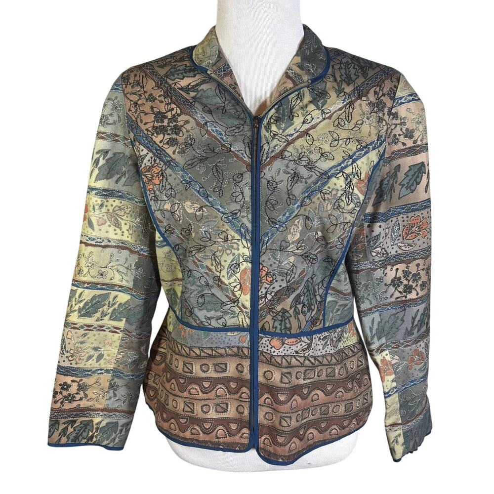 Vintage Coldwater Creek Boho Tapestry Jacket Embroidered Floral Size 10P Leaves